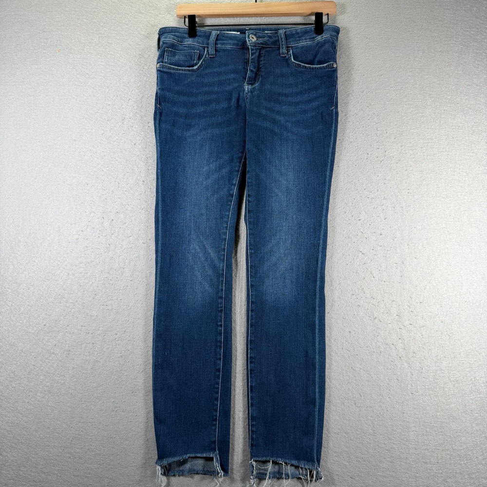 Pilcro Mid Rise Skinny Jeans Dark Wash Distressed Raw Hem 28 Comfort Stretch